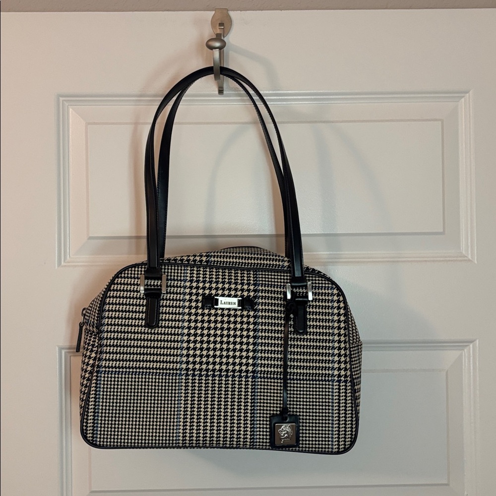 VTG Lauren Ralph Lauren houndstooth bowler bag  black, blue & ecru silver accent - Picture 2 of 14